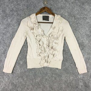 Anthropologie Guinevere Sweater XS Cardigan Slim Fit Ruffle V Neck Buttons Beige